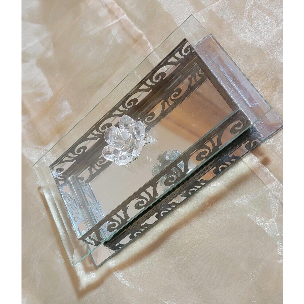 Vintage Studio Silversmiths Mirrored With Crystal Rose Handle Beveled Glass Lid